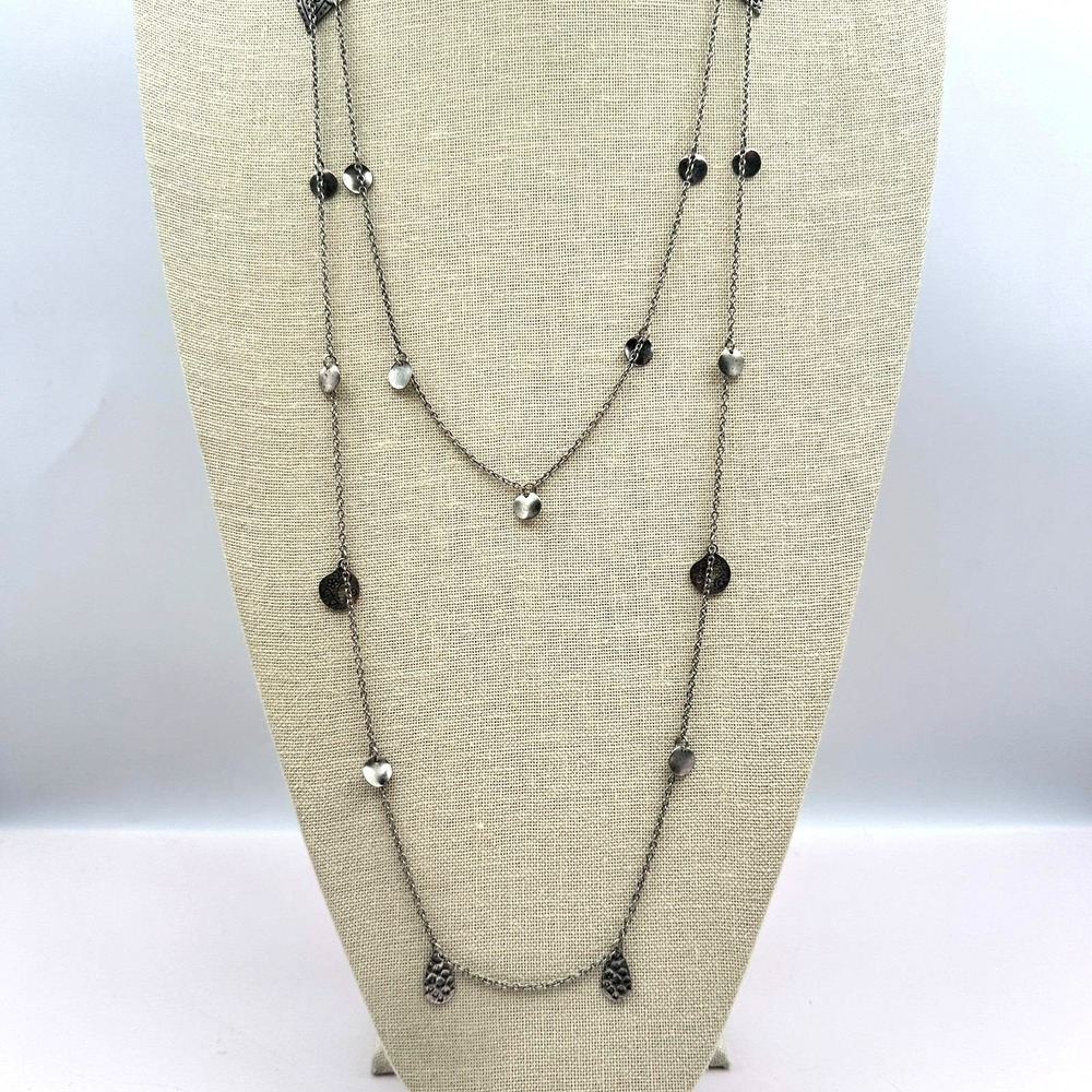 Vintage 90s Multi Strand Layered Necklace Silver Tone Hearts Disk Charms Jewelry